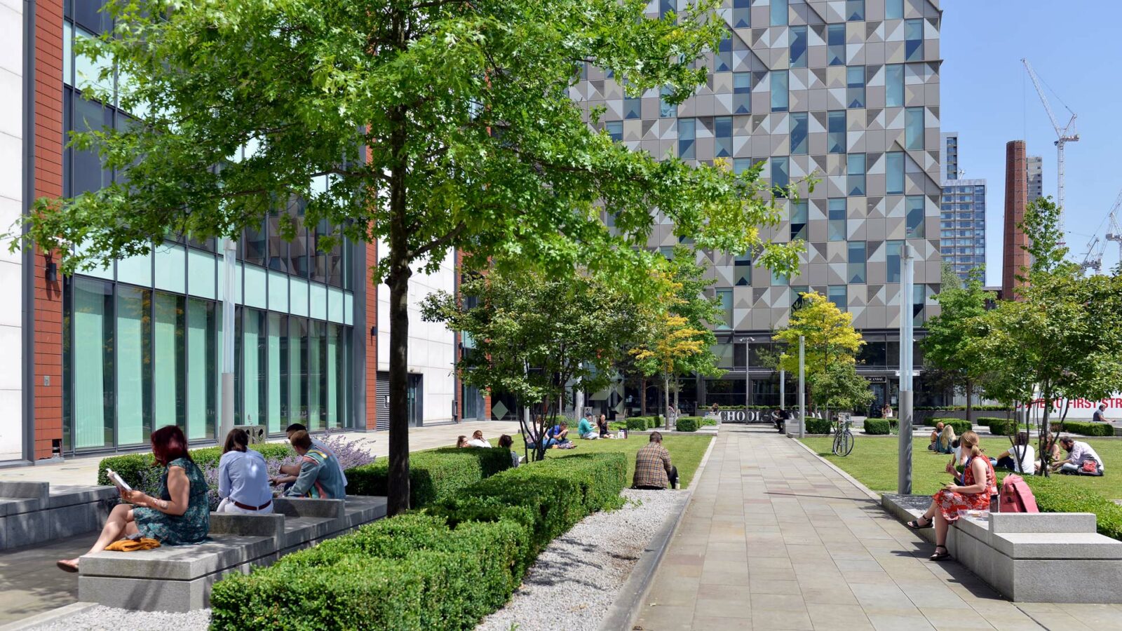 Lush planting and plentiful seating in James Grigor Square